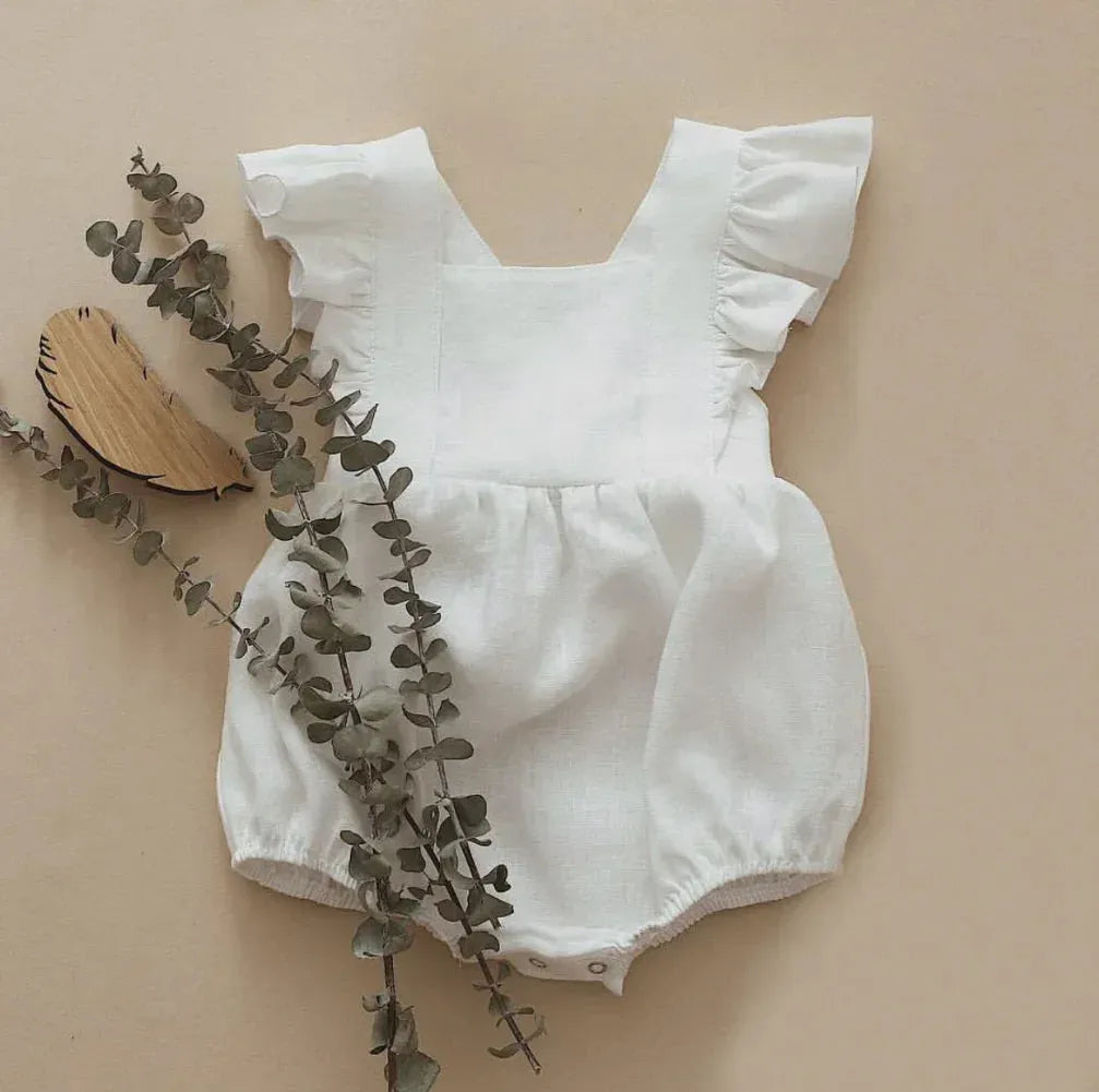 Romper Sofia – Romper Infantil de Verão em Algodão e Linho para Meninas - Girafinha Gigi